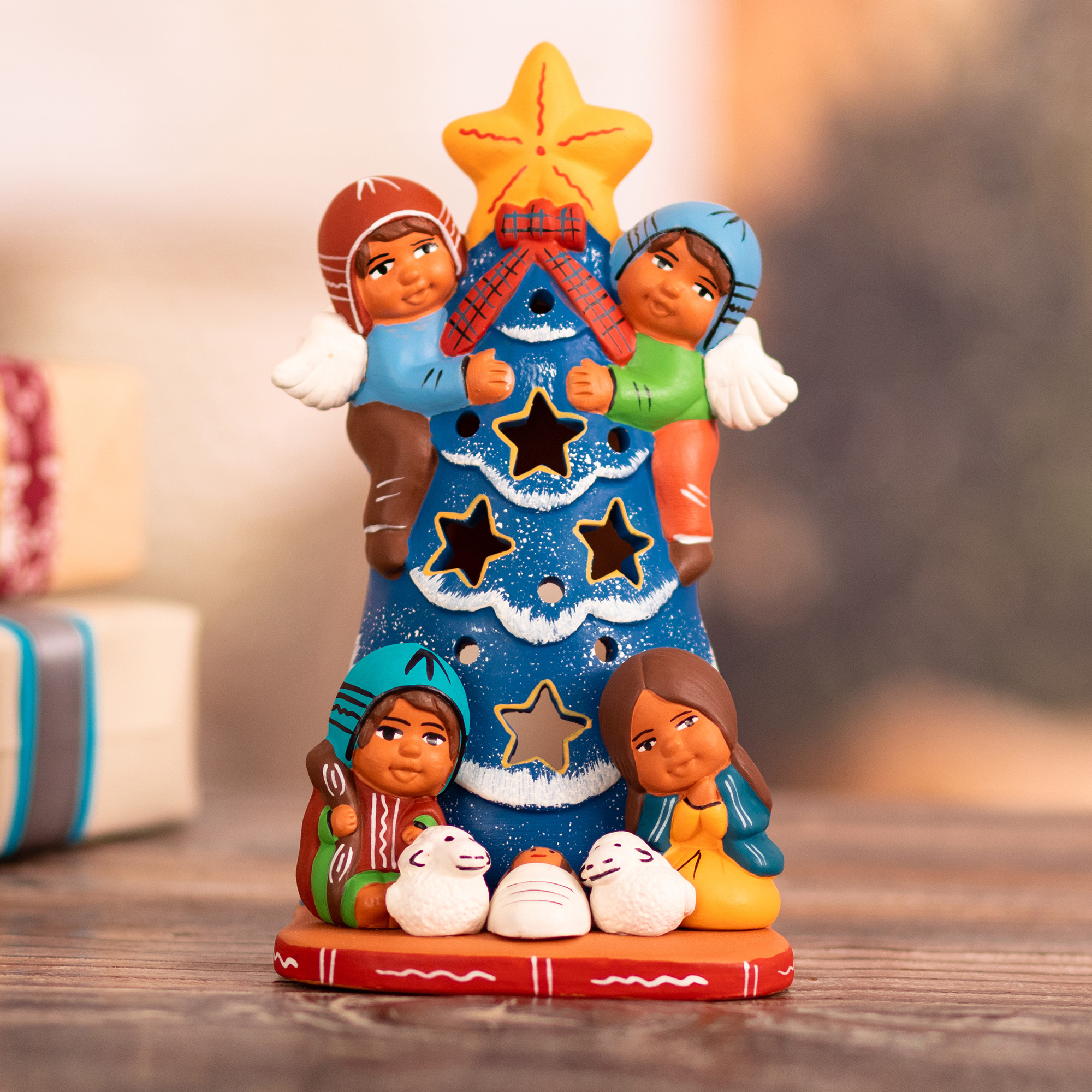 Ceramic Christmas Nativity Sculpture in Blue from Peru 'Birth