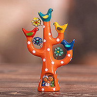 Escultura de cerámica, 'La encantadora familia de los árboles' - Escultura floral de cerámica en forma de árbol pintada a mano en color naranja