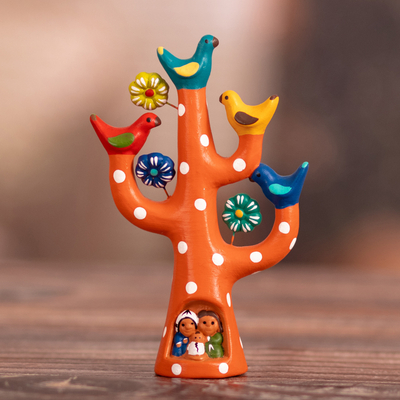Escultura de cerámica - Escultura floral de cerámica en forma de árbol pintada a mano en color naranja