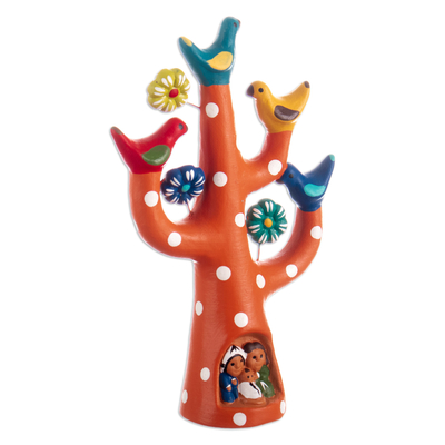 Ceramic sculpture, 'The Charming Tree Family' - Hand-Painted Tree-Shaped Floral Ceramic Sculpture in Orange