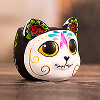 Portalápices de cerámica, 'Feline Shadow' - Portalápices de cerámica en forma de gato pintado del Día de los Muertos