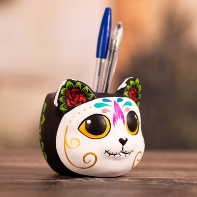 Ceramic pencil holder, 'Feline Shadow' - Painted Day of the Dead Cat-Shaped Ceramic Pencil Holder