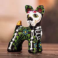 Escultura de cerámica - Escultura de cerámica con forma de perro del Día de Muertos pintada a mano