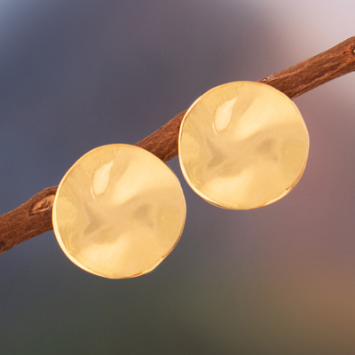 Gold-plated button earrings, 'Minimalist Delight' - Modern Gold-Plated Sterling Silver Button Earrings from Peru