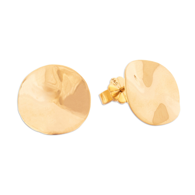 Gold-plated button earrings, 'Minimalist Delight' - Modern Gold-Plated Sterling Silver Button Earrings from Peru
