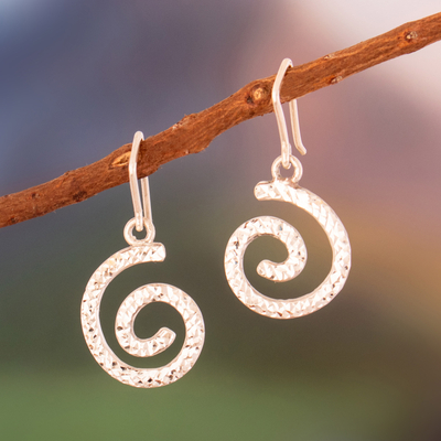 Sterling silver dangle earrings, 'Whirlwind Glam' - Modern Textured Sterling Silver Spiral Dangle Earrings