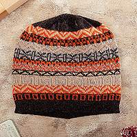 100% baby alpaca hat, 'Inca Roads' - Hand Knit 100% Baby Alpaca Hat in Grey Orange Ivory & Black
