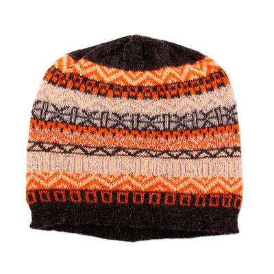 mütze aus 100 % Babyalpaka - Handgestrickte Mütze aus 100 % Baby-Alpaka in Grau, Orange, Elfenbein und Schwarz