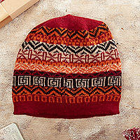 100% baby alpaca hat, 'Sunrise in the Andes' - Hand Knit 100% Baby Alpaca Hat in Red Shades from Peru