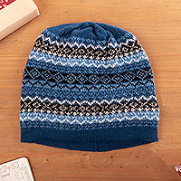 100% baby alpaca hat, 'Humantay Lake' - Hand Knit 100% Baby Alpaca Hat in Blue Shades from Peru