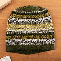 100% baby alpaca hat, 'Mystic Jungle' - Hand Knit 100% Baby Alpaca Hat in Green Shades from Peru