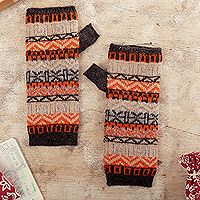 100 % Baby-Alpaka-Fingerlose Handschuhe, „Inca Roads“ – Grau-Orange 100 % Baby-Alpaka-Strick-Fingerlose Handschuhe aus Peru