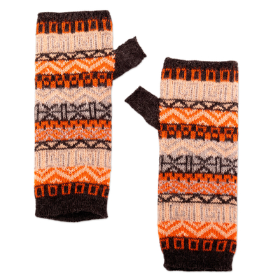100% baby alpaca fingerless mitts, 'Inca Roads' - Grey Orange 100% Baby Alpaca Knit Fingerless Mitts from Peru