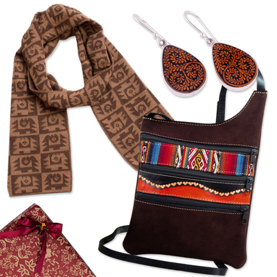 Curated gift set, 'Andean Flair' - Curated Gift Set with Knit Scarf Suede Bag & Gourd Earrings