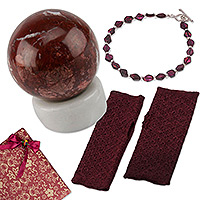 Set de regalo seleccionado, 'Fiery Glow': pulsera de granate con guantes sin dedos y set de regalo seleccionado con esfera