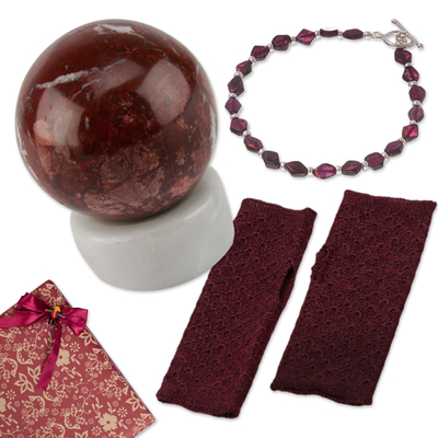 Curated gift set, 'Fiery Glow' - Fingerless Mitts Garnet Bracelet and Sphere Curated Gift Set