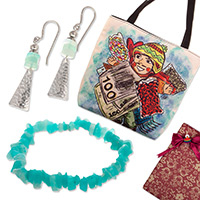 Kuratiertes Geschenkset „Andean Serenity“ – Einkaufstasche, Opal-Ohrringe und Amazonit-Armband, kuratiertes Geschenkset