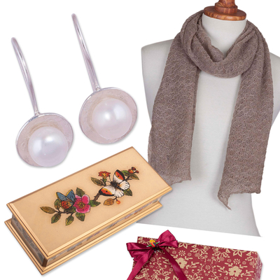 Curated gift set, 'Sophisticated Hues' - Handcrafted Floral Alpaca and Pearl Curated Gift Set