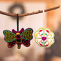 Felt ornaments, 'Amazonian Flora and Fauna' (pair) - 2 Embroidered Dragonfly and Flower Christmas Felt Ornaments