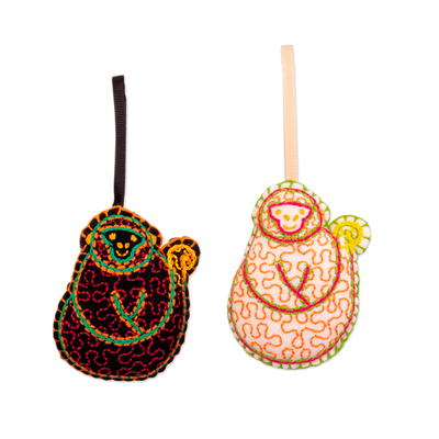 Felt ornaments, 'Amazonian Monkeys' (pair) - 2 Hand-Embroidered Monkey-Themed Christmas Felt Ornaments