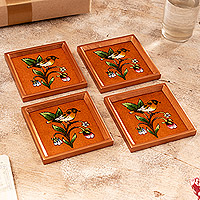 Reverse-painted glass coasters, 'Autumn Flight' (set of 4) - Set of 4 Nature-Themed Orange Reverse-Painted Glass Coasters