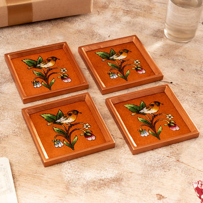 Reverse-painted glass coasters, 'Autumn Flight' (set of 4) - Set of 4 Nature-Themed Orange Reverse-Painted Glass Coasters