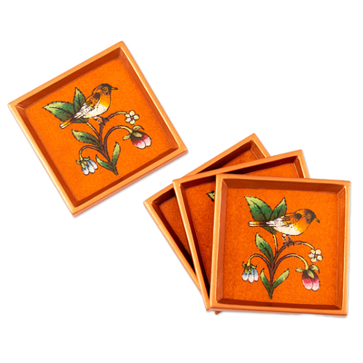 Reverse-painted glass coasters, 'Autumn Flight' (set of 4) - Set of 4 Nature-Themed Orange Reverse-Painted Glass Coasters