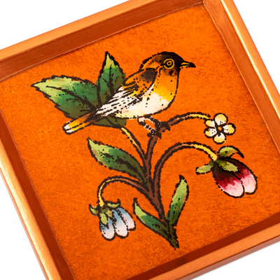 Posavasos de vidrio pintado al revés, (juego de 4) - Juego de 4 posavasos de vidrio pintado al revés en naranja con temática natural