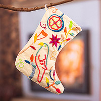 Cotton Christmas stocking, 'Christmas in the Amazon' - Cotton Christmas Stocking with Hand-Embroidered Amazon Motif