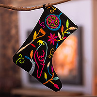 Cotton Christmas stocking, 'Holidays in the Amazon' - Cotton Christmas Stocking with Amazon-Themed Hand Embroidery