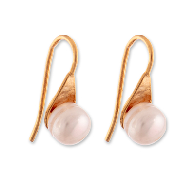 Gold-plated cultured pearl button earrings, 'Triumph Tears' - 18k Gold-Plated White Cultured Pearl Button Earrings