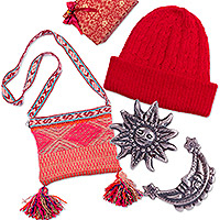 Curated gift set, 'Cusco Day' - Handcrafted Red Wool and Sterling Silver Curated Gift Set