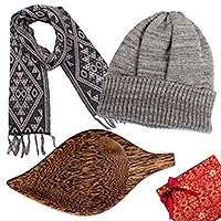 Curated gift set, 'Earthly Vitality' - Handcrafted Brown and Grey Alpaca and Wood Curated Gift Set