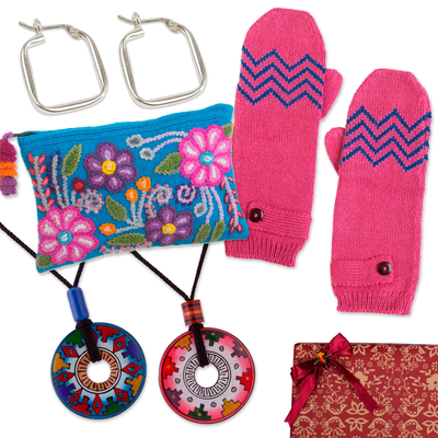 Curated gift set, 'Pink Whirligig' - Handmade Traditional Floral Pink and Blue Curated Gift Set