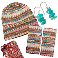 Curated gift set, 'New Adventures' - Curated Gift Set with Knit Hat Fingerless Mitts and Earrings