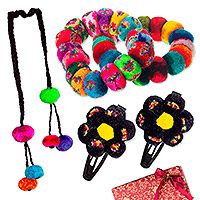 Curated gift set, 'Wititi Pompoms' - Handcrafted Floral Colorful Acrylic Pompom Curated Gift Set