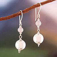 Rose quartz dangle earrings, 'Loving Moonlight' - Polished Sterling Silver and Rose Quartz Dangle Earrings