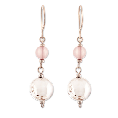 Rose quartz dangle earrings, 'Loving Moonlight' - Polished Sterling Silver and Rose Quartz Dangle Earrings