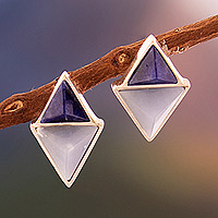 Sodalite and angelite button earrings, 'Ethereal Perspective' - Polished Geometric Sodalite and Angelite Button Earrings