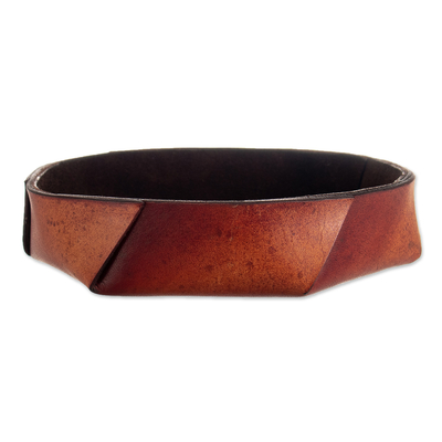 Leather catchall, 'Dapper Geometry' - Handcrafted Geometric 100% Brown Leather Catchall from Peru