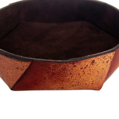 Leather catchall, 'Dapper Geometry' - Handcrafted Geometric 100% Brown Leather Catchall from Peru