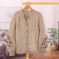 Alpaca blend cardigan, 'Floral Coziness' - Knit Beige Alpaca Blend Cardigan with Floral Hand Embroidery