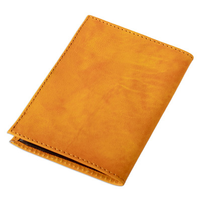 Funda para pasaporte de piel con detalles textiles - Funda para pasaporte de cuero naranja con temática Chakana de Perú