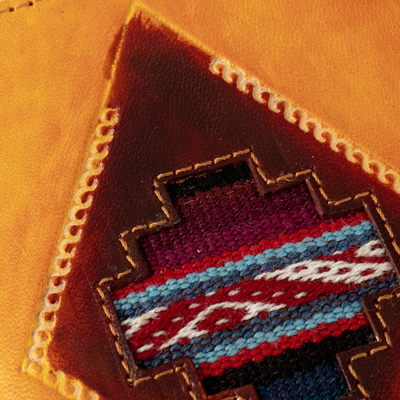 Textile-accented leather passport cover, 'Chakana Heritage' - Chakana-Themed Orange Leather Passport Cover from Peru