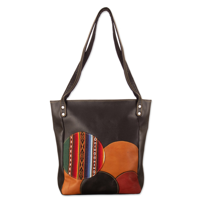 Leather shoulder bag, 'Round Mosaics' - Leather Shoulder Bag in Black with Handwoven Accent