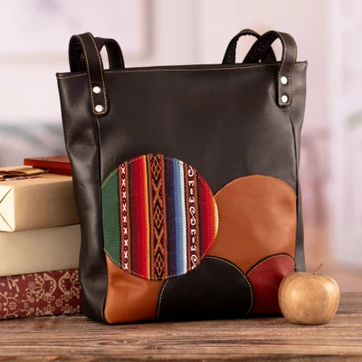 Leather shoulder bag, 'Round Mosaics' - Leather Shoulder Bag in Black with Handwoven Accent