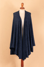 Alpaca blend ruana, 'Sea Blue' - Textured Knit Alpaca Blend Ruana in Blue Shades from Peru