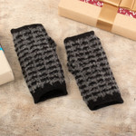 Alpaca blend fingerless mitts, 'Night Squares' - Square-Pattern Black and Grey Alpaca Blend Fingerless Mitts
