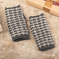 Alpaca blend fingerless mitts, 'Misty Squares' - Square-Patterned Grey-Toned Alpaca Blend Fingerless Mitts