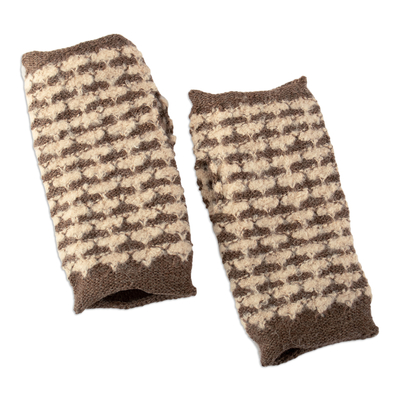 Alpaca blend fingerless mitts, 'Evening Squares' - Square-Pattern Ivory and Taupe Alpaca Blend Fingerless Mitts